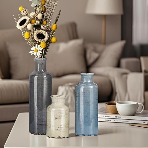 Ceramic Vase Set of 3, Small Flower Vase for Home Decoration, Rustic Farmhouse Table Shelf, Entrance Decor, Ice Crackle Vintage Vase for Living Room & Dining Table Centerpieces, Multicolor - Image 3