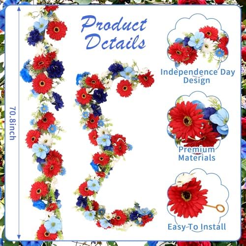 6 ft Red White Blue Garland 4th of July Patriotic Flower Garland for Mantle Artificial 250th Decoration with Daisy Lavender Vine Memorial Day Faux Floral for Independence Table Decor - Image 2