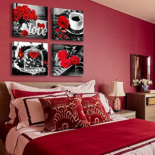 DJSYLIFE Black and White Canvas Wall Art Red Bathroom Accessories 12" x 12" - Image 5