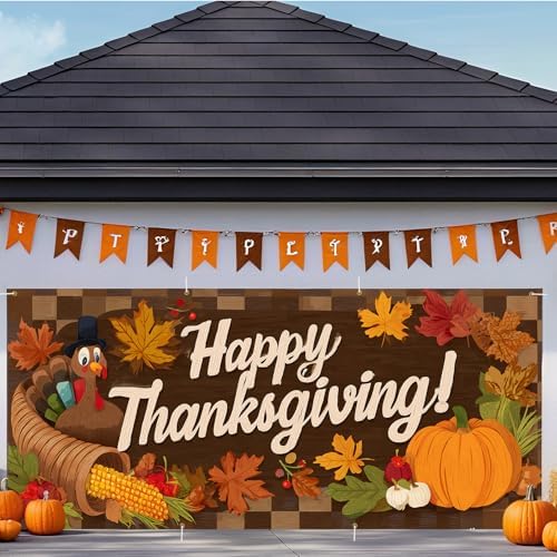 ANNA QUEEN Happy Thanksgiving Garage Door Banner 6 x 13FT, Cornucopia and Pumpkins on Woodgrain, Fall Outdoor Garage Decoration for Parties Home Rustic Decor by ANNAQUEEN