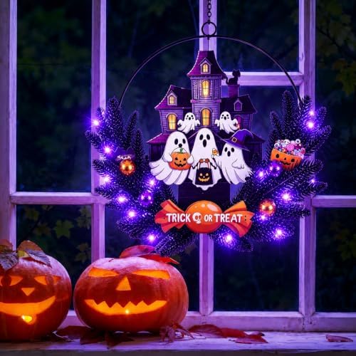 Pre-Lit Halloween Wreath for Front Door, Lighted Ghost with 6H On/18H Off - Image 2