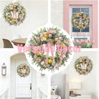 22 Inch Easter Wreath for Front Door with Easter Eggs, Eucalyptus Leaves, Daisies, Tulips, & Plush Chicks, Easter Spring Wreath with Velvet Ribbon Bow Decorations for Home - Image 3