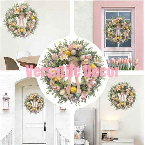 22 Inch Easter Wreath for Front Door with Easter Eggs, Eucalyptus Leaves, Daisies, Tulips, & Plush Chicks, Easter Spring Wreath with Velvet Ribbon Bow Decorations for Home - Image 3