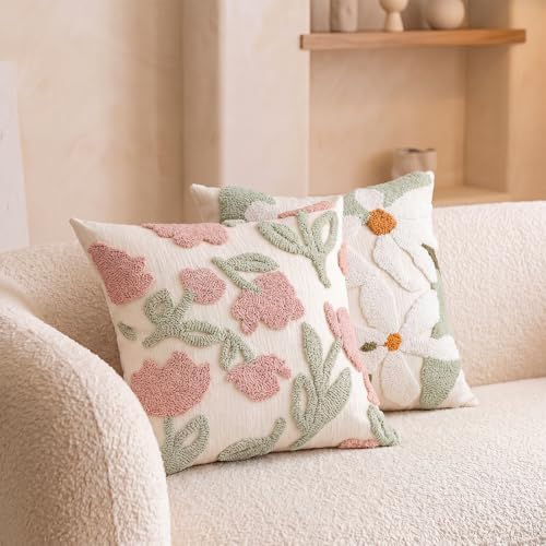 Premium Chenille Embroidered Throw Pillow Covers 20x20 Set of 2, Thick 3D Tufted Pink Floral Decorative Cushion Covers with Hidden Zipper for Couch Sofa Bed Living Room Boho Home Decor - Image 5