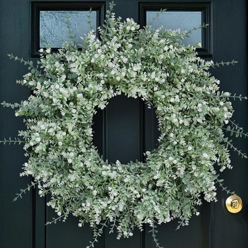 26" Large Artificial Eucalyptus Wreath for Front Door Decor (White-Green) by FOTEEWL