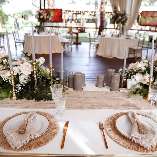 Frienda 6 Pcs Boho Woven Placemat Set with Runner, Napkin Rings, Beige - Image 3