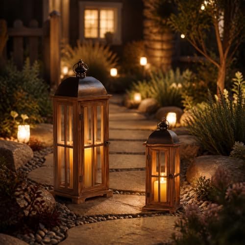 Large Decorative Lanterns, 2 Pack Farmhouse Wood Lanterns Indoor Outdoor - Image 5