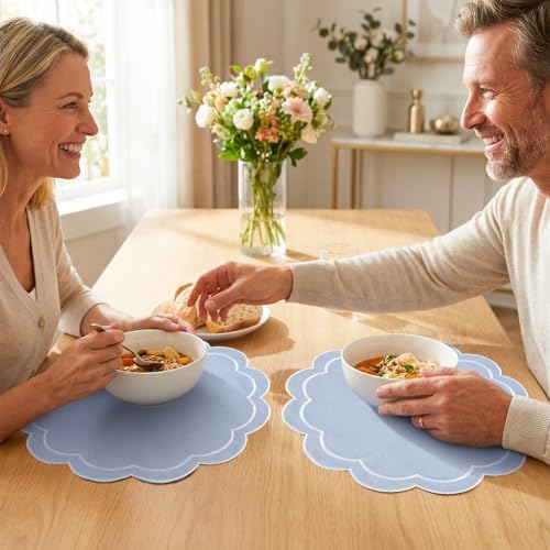 Whaline Dusty Blue Linen Placemats Embroidered Round Scalloped Kitchen Table Mats for Spring Easter Party Home Dining Table Decor, Set of 6, 15 x 15 in - Image 7