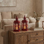 JHY DESIGN Set of 2 Decorative Candle Lanterns 10“H Vintage Hanging Lanterns Metal Candleholders for Indoor Outdoor Events Parities Gothic and Halloween (Red with Black Brush) - Image 6