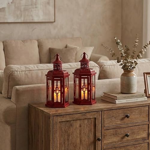 JHY DESIGN Set of 2 Decorative Candle Lanterns 10“H Vintage Hanging Lanterns Metal Candleholders for Indoor Outdoor Events Parities Gothic and Halloween (Red with Black Brush) - Image 6