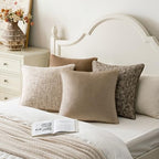 a moment Neutral Khaki Brown 4 Pack Throw Pillow Covers - Chenille & Velvet Set with Piping, Farmhouse Textured Design Pillow Cases for Couch Sofa Bed Livingroom (20x20 Inch, No Insert) - Image 5