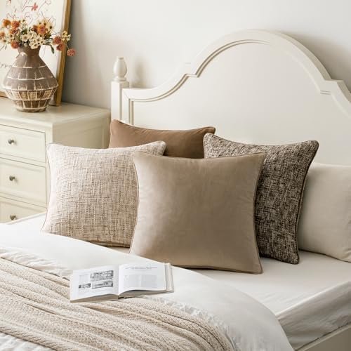 a moment Neutral Khaki Brown 4 Pack Throw Pillow Covers - Chenille & Velvet Set with Piping, Farmhouse Textured Design Pillow Cases for Couch Sofa Bed Livingroom (20x20 Inch, No Insert) - Image 5