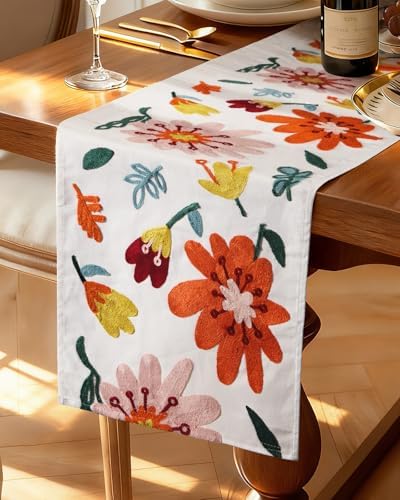 Canvas Embroidered Narrow 13"x 108" Table Runner, Colorful Flower by Kokaaee