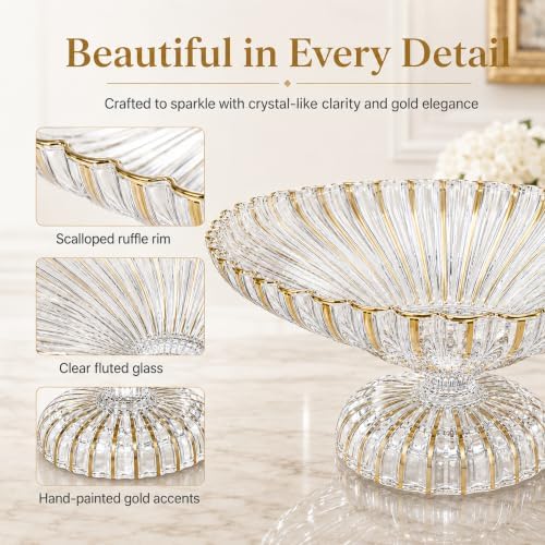 Gold Large Decorative Bowl 12'' Hand-painted Ruffle Decorative Bowl Glass Fruit Bowls Crystal Key Bowls Modern for Counter Home Decoration Table Centerpiece Kitchen Dining Room (Pedestal) - Image 4
