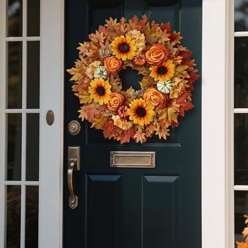 28" Large Artificial Maple Leaves Fall Wreath for Front Door(Orange-Yellow) - Image 2