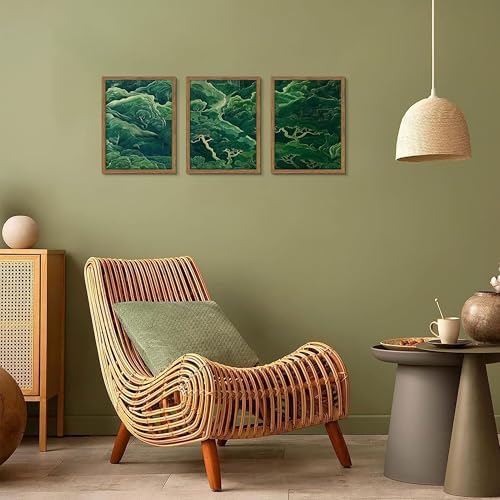 Japanese Nature Forest Wall Art Set of 3, Sage Green Moss Botanical Canvas Wall Decor Paintings, Vintage Mountain Landscape Zen Artwork Pictures Prints for Living Room Bedroom 12x16 Inch Framed - Image 5