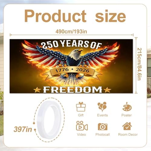16x7FT 250 Years of Freedom Garage Door Banner, Ameri-ca Eagle with Fire Wings Design 1776–2026, Extra Large Patriotic Outdoor Garage Door Cover for Independence Day Decor - Image 2