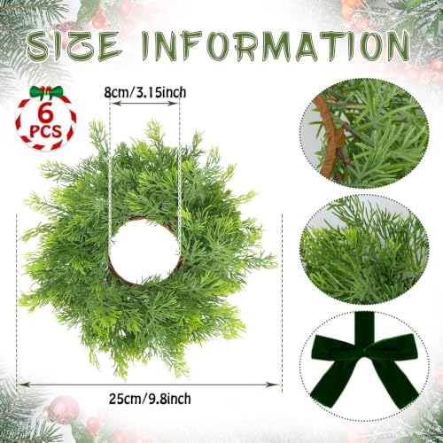 6 PCS Mini Real Touch Christmas Wreaths for Kitchen Cabinets Artificial Norfolk Lifelike Cedar Wreaths with Bow for Christmas Window Door Fireplace Chairs Wall Staircase Indoor Outdoor Home Decor - Image 3