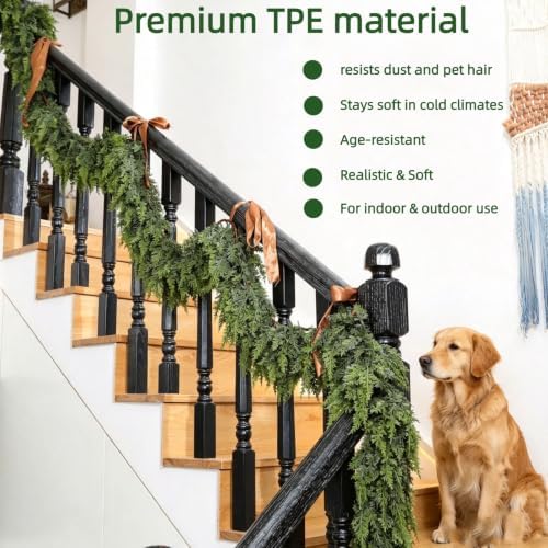 6FT 1Pcs Christmas Cedar Garland Artificial Realistic Soft Thick Green Faux Lush Cedar Pine Garland for Fireplace Mantel Stairs Doorframe Table Porch Indoor Outdoor Holiday Decor - Image 2