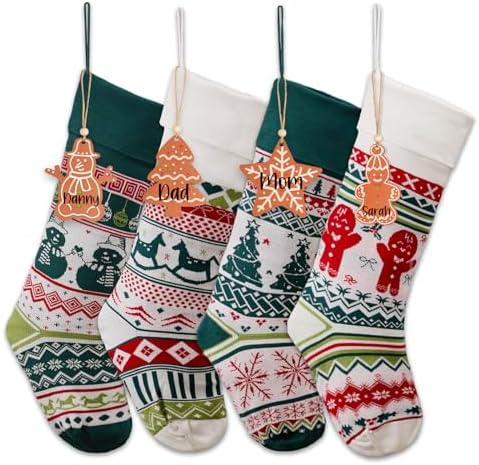 Christmas Stockings 4 Pack, 21 Inch Large Family Christmas Stocking, White and Green Gingerbreadman Tree Xmas Stocking for Fireplace,Christmas Decorations by HiPeep
