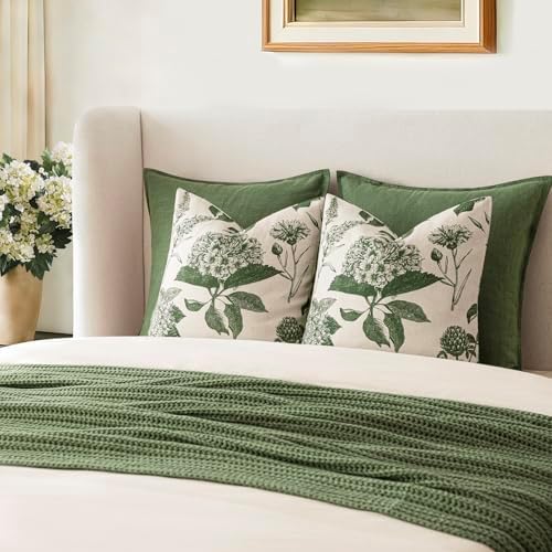 Foindtower Set of 2 Linen Floral Throw Pillow Covers Neutral Vintage Print Decorative Cozy Cushion Covers Farmhouse Boho Home Decor for Sofa Chair Couch Bedroom Living Room,22×22 Inch,Dark Green - Image 7