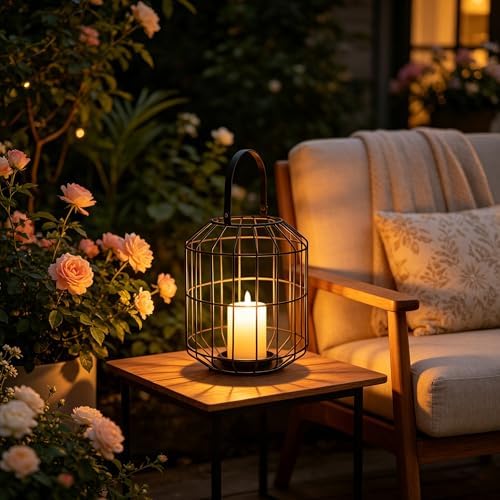 Black Metal Cage Candle Lantern, 10.6" Hanging Pillar Candle Holder, Rustic Farmhouse Lantern Decor for Indoor Outdoor, Vintage Lantern with Handle for Home Wedding Patio Christmas by Unknown