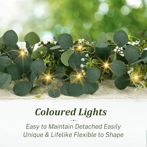 Eucalyptus Garland with Lights, 6 Packs 6FT Artificial Lighted Garland, Spring Summer Green Faux Garlands for Indoor Outdoor Home Decor Table Runner Wedding Arches Backdrops Decor - Image 3
