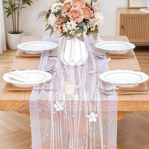 Fanqisi White Pearl Table Runner Floral Tulle Gauze Runner 10FT 4 Pack by Fanqisi
