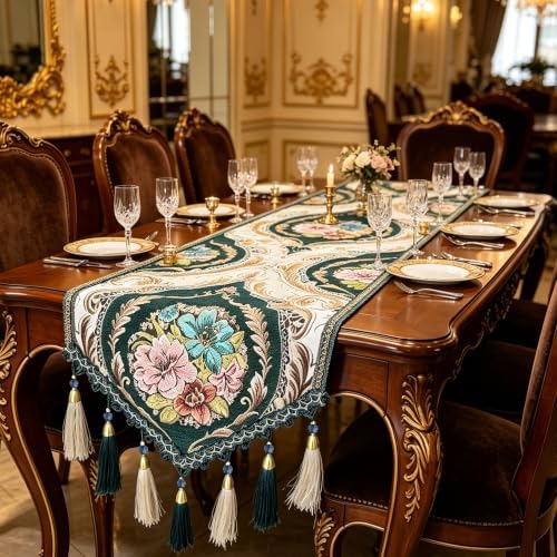 Vintage Chenille Green Table Runners 48" Damask Pattern for Retro Party - Image 2