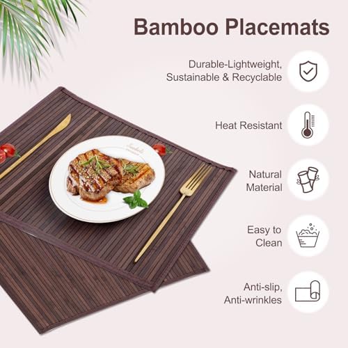 Bamboo Placemats Set of 8 with Fabric Border, Table Mats, Walnut - Image 4