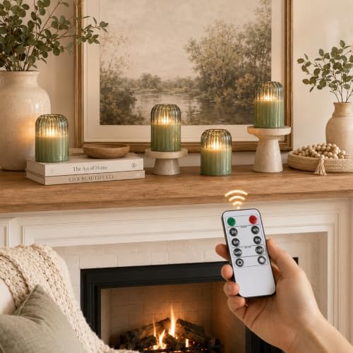 Lezonic Green Glass Flameless Candles with Remote, Set of 4 Dancing Flame LED Pillar Candles, Real Wax Battery Operated Candles with 2/4/6/8H Timer, Fall Halloween Thanksgiving Christmas Decor - Image 4