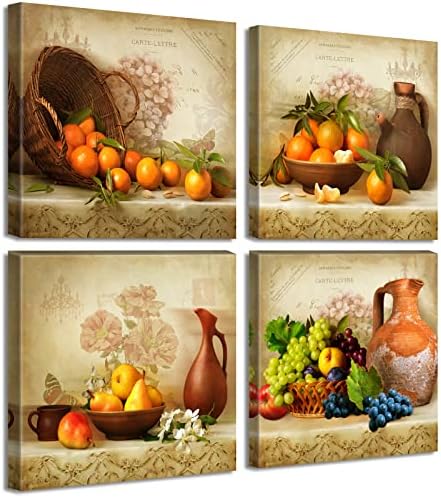 Kitchen Wall Decor 4-Piece Vintage Fruit Still Life Canvas Art 12x12 Inch by JiazuGo