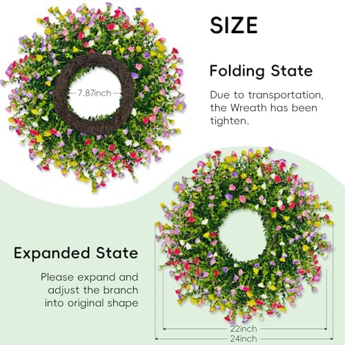 Spring Summer Wreaths for Front Door, 24 Inch Large Farmhouse Colorful Cottage Wreath, Extra-Full 378 Silk Artificial Carnation Floral Wreath, Blossom & Greenery Hanging for Porch, Home Decorations - Image 3