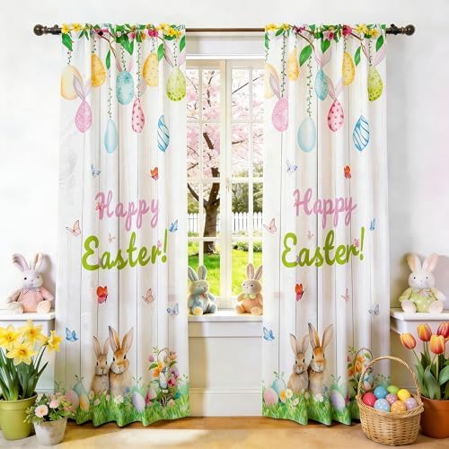 youleyar Easter Curtains for Living Room, 84 Inch Length Easter Colorful Eggs and Cute Bunny Printed Pattern Curtain, Rod Pocket Window Drapes Decorations for Bedroom Dining Room Drapes, 52W x 84L by Youleyar