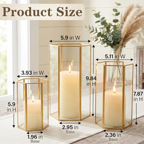 Gold Glass Hurricane Candle Holder Set of 3 Large Clear Hexagon Lanterns - Image 3