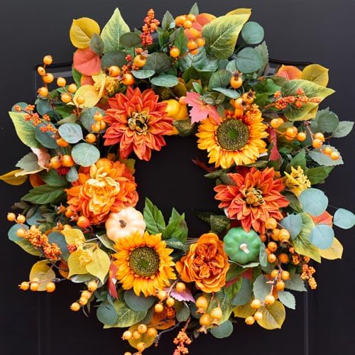 Fall Wreaths for Front Door 24 Inch Autumn Wreath with Sunflowers, Orange Dahlias, Maple Leaves & Berries – Fall Door Wreath for Outdoor or Indoor Thanksgiving Decor by PureCosy
