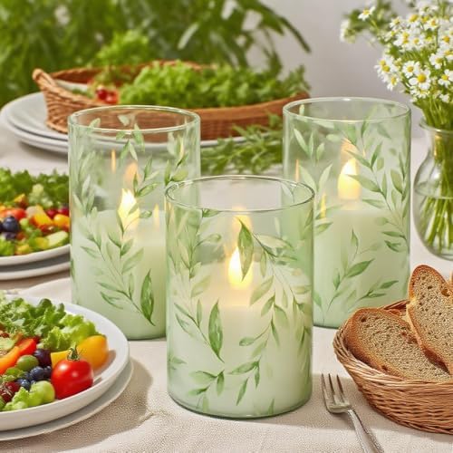 Green Flameless Candles with Remote Control - Willow Leaf Design Battery Operated Candles - Elegant Home Christmas Spring Summer Decor Set of 3 - Image 4