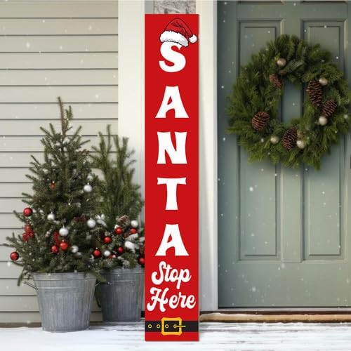 SRongmao Santa Stop Here Porch Sign Christmas Front Door Hanging Decorations 8x48inch Vertical Wooden Indoor Outdoor Standing Signs For Home Yard Farmhouse Holiday Decor - Image 3