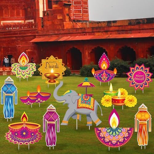 12 Pcs Happy Diwali Yard Sign Lawn Lights Festival Party Signs Decor with 24 Pcs Lawn Stakes Waterproof Happy Diwali Outdoor Decorations for Indian Deepavali Holiday Garden Yard Decor - Image 6