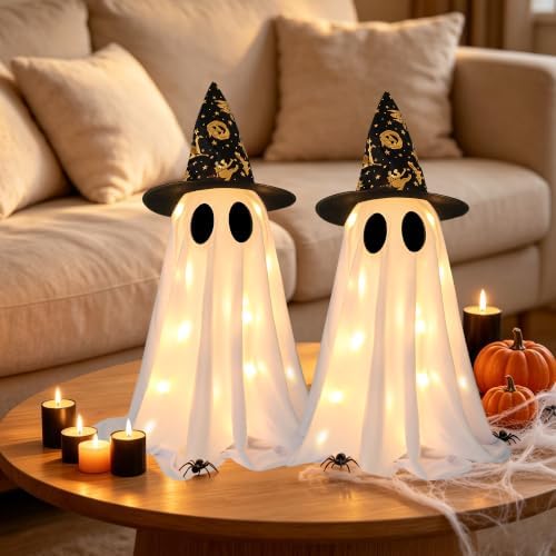 2 Pack Halloween Ghost Decorations, 21.7 Inch Lighted Halloween Decorations, Battery Operated Tabletop Ghost Decor with Witch Hats for Mantel Fireplace Table Entryway Indoor Party Office Home Decor - Image 5