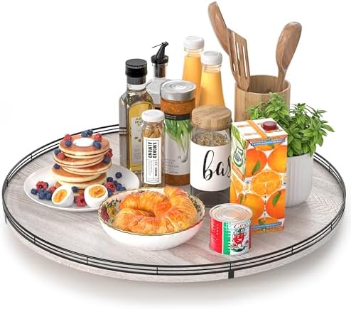 AMH 24-Inch Whitewashed Farmhouse Wooden Lazy Susan Organizer by AMH