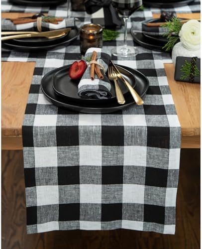 Solino Home 100% Pure Linen Table Runner, 14 x 72 in, Black and White Check by SolinoHome