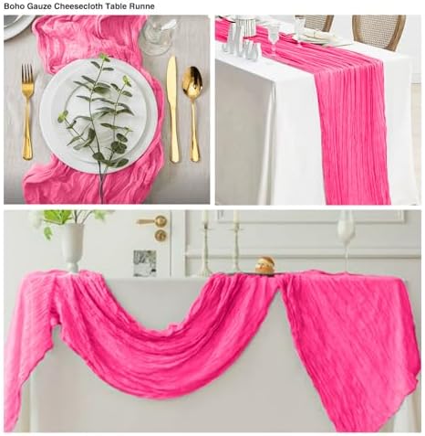 12 Pack Hot Pink 10 Ft Cheesecloth Table Runner 20x120 Inch Boho Wrinkled Sheer Romantic Gauze Decor for Wedding, Bridal Shower, Birthday Party - Image 4