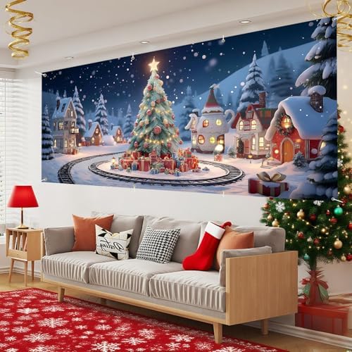 Christmas Garage Door Banner for Outdoor Decorations – Cartoon Christmas Tree with Gifts, Snow Village Background, Holiday Winter Wonderland Scene – Large Garage Mural Cover for Home Xmas Decor - Image 7