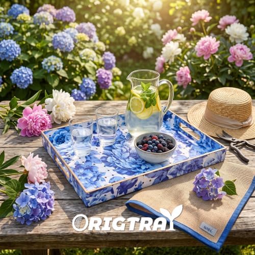 Serving Tray with Handles, Rectangular Plastic Tray 15.75x11.81 Inch, Decorative Tray for Kitchen, Dining Table, Vanity, Office & Home (Blue Peony, 15.8" x 11.8" x 1.6") - Image 3