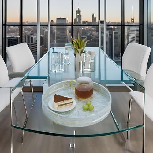 PEMAR 12.6” Mother of Pearl Round Serving Tray with Handles, Decorative Nacred Wooden Ottoman Coffee Table Tray (Teal Sunlight) - Image 5