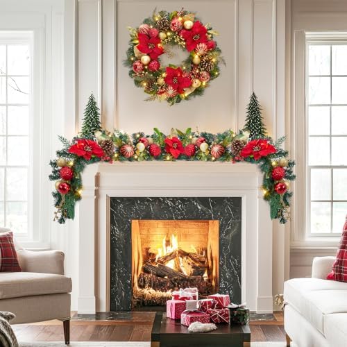Garvee 6 Feet Christmas Garland with Lights for Mantle, Red Gold - Image 7