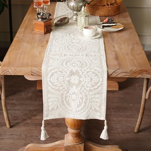 Table Runner Embroidered Farmhouse Dresser Scarf, Beige 14"x75" - Image 3
