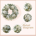 Idyllic 22 Inch Lambs Ears Leaves Everyday Wreath with Ivory Hydrangea and Cream Berries, Spring Summer Greenery Wreath with Burlap Ribbon Bow Knot for Doors, Rustic and Farmhouse Style Home Decor - Image 2