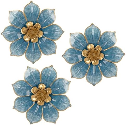 Villa Como Set of 3 Blue and Gold Metal Flowers Wall Art Decor 10" by VillaComo